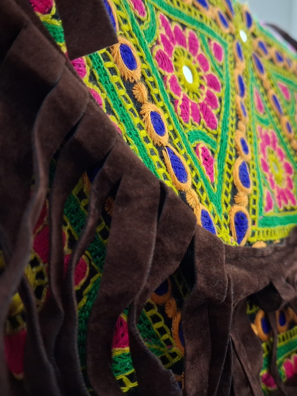 Boho Embroidered Fringe Crossbody Bag - Brown & Multi - Picture 4 of 5